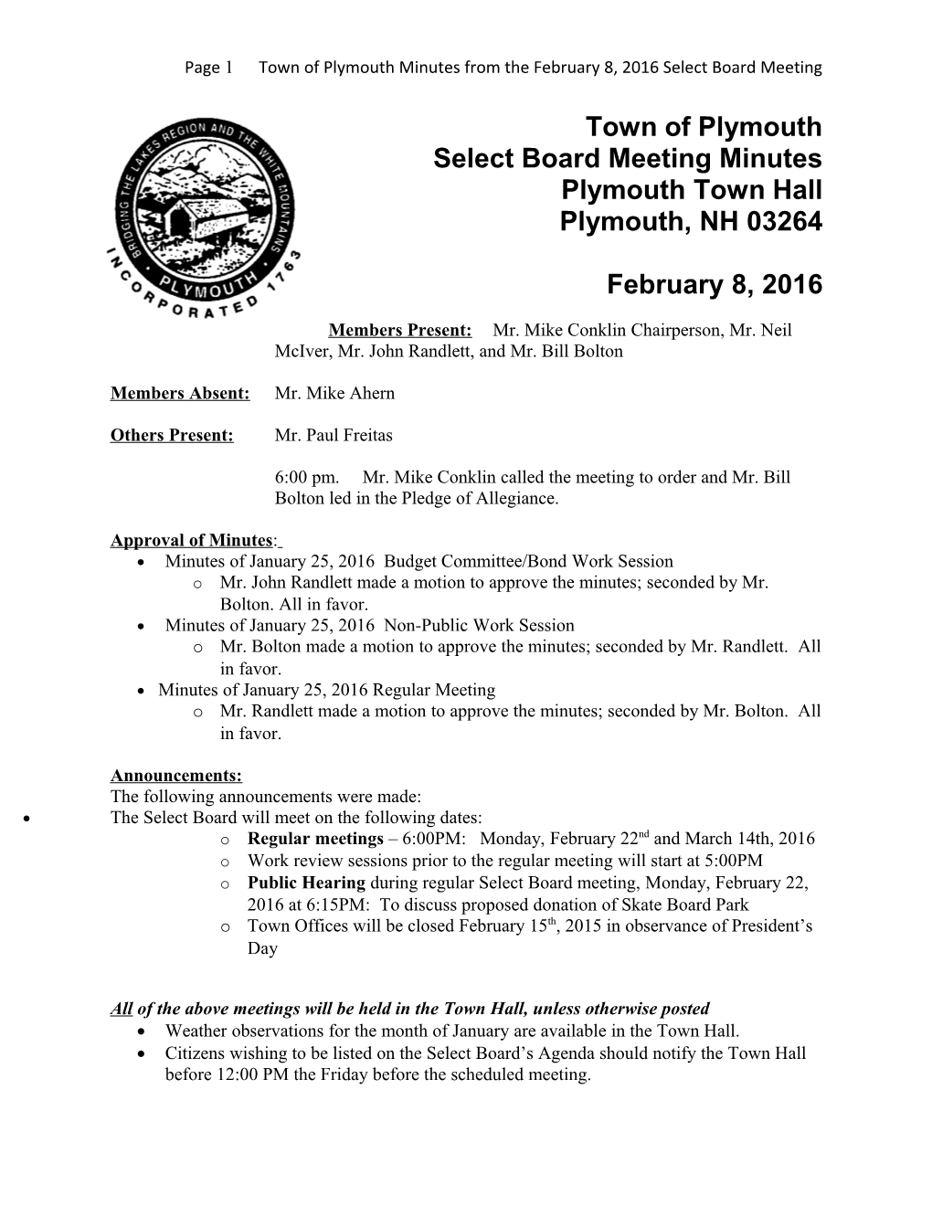 Page 1Town of Plymouth Minutes from Thefebruary 8, 2016 Select Board Meeting