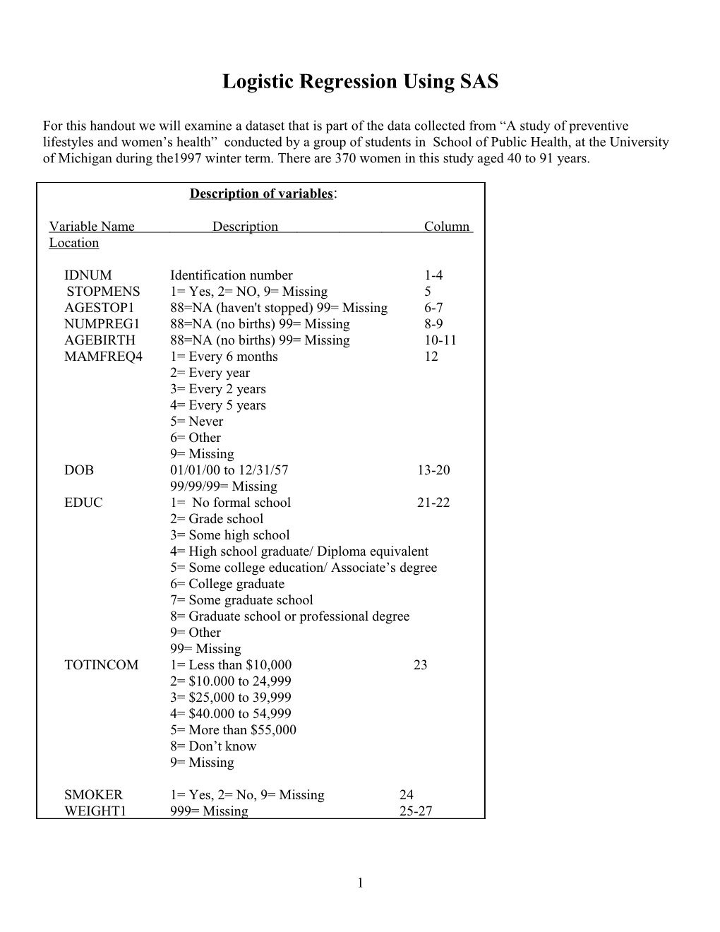 Logistic Regression Using SAS