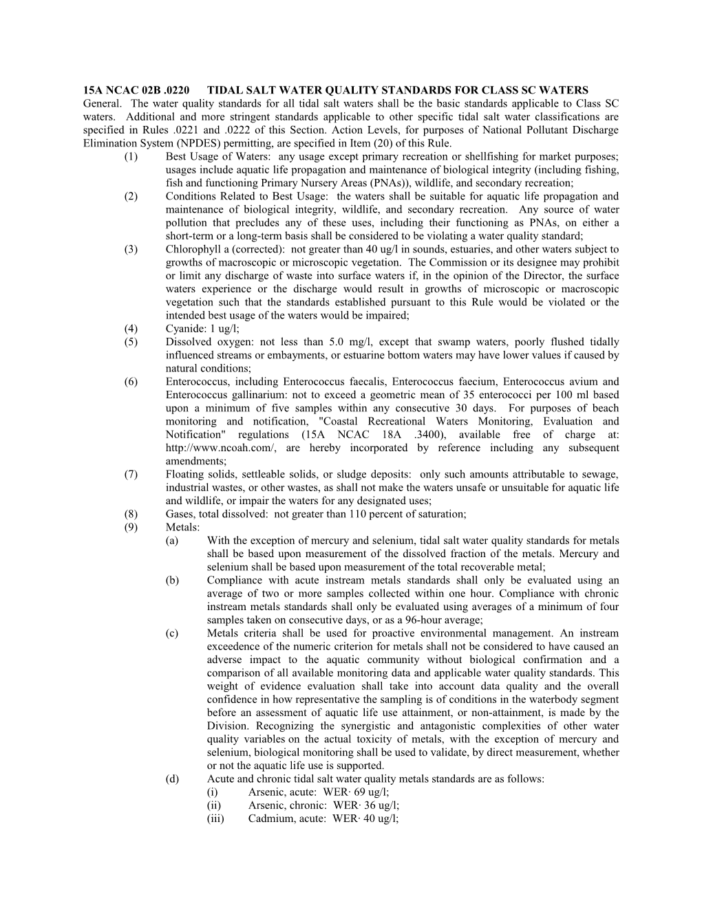 15A Ncac 02B .0220Tidal Salt Water Quality Standards for Class Sc Waters