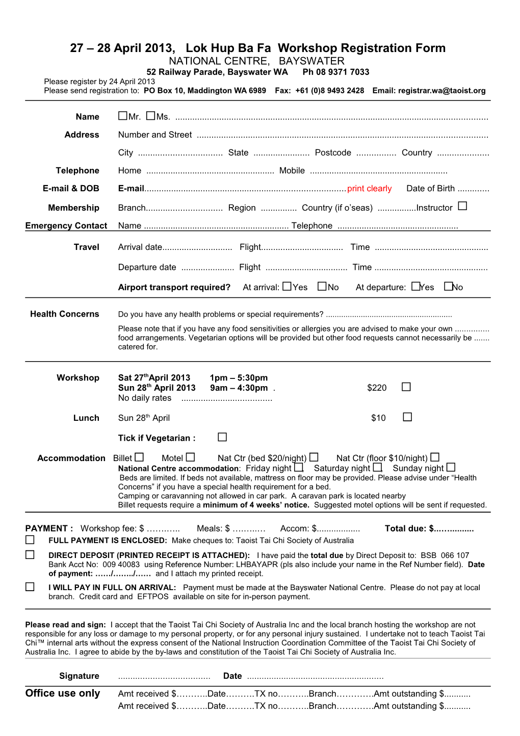 27 28April 2013, Lok Hup Ba Fa Workshop Registration Form