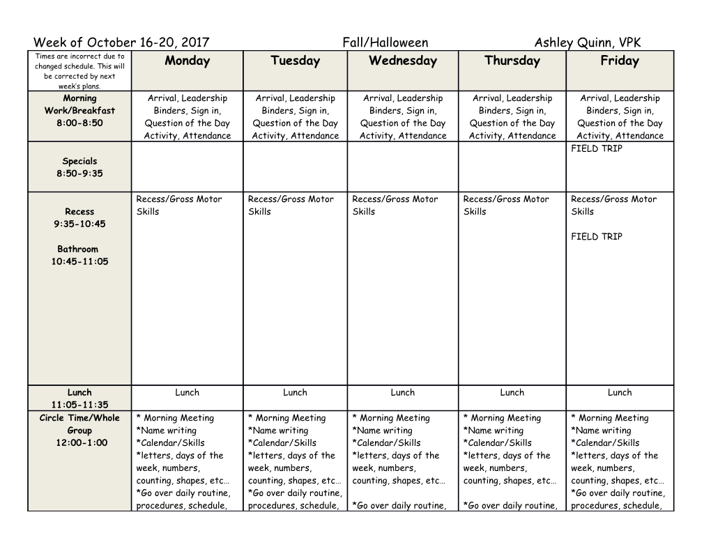 Week of October 16-20, 2017 Fall/Halloween Ashley Quinn, VPK