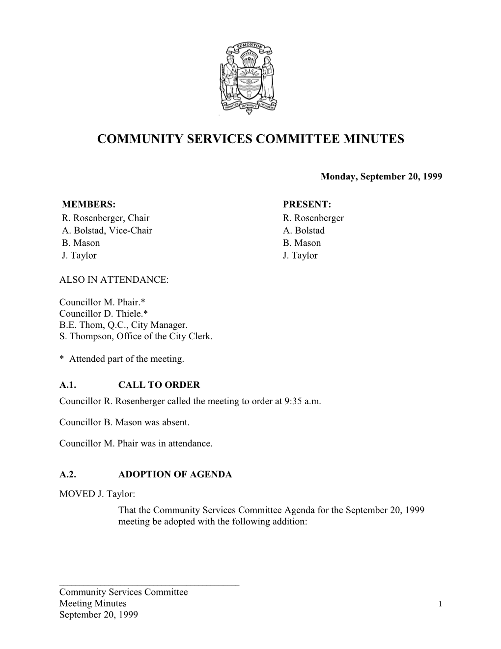 Minutes for Community Services Committee September 20, 1999 Meeting
