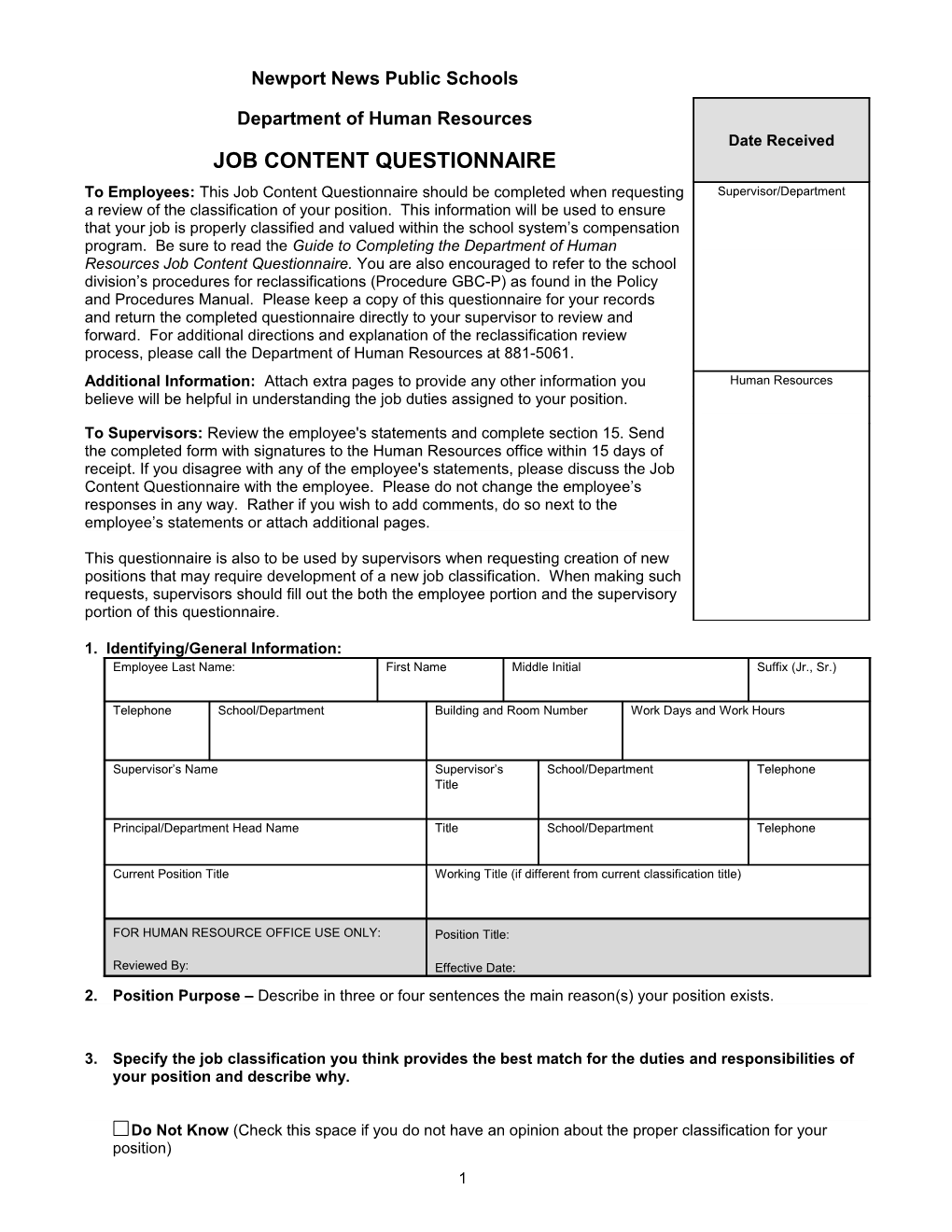 Classified Staff Position Questionnaire