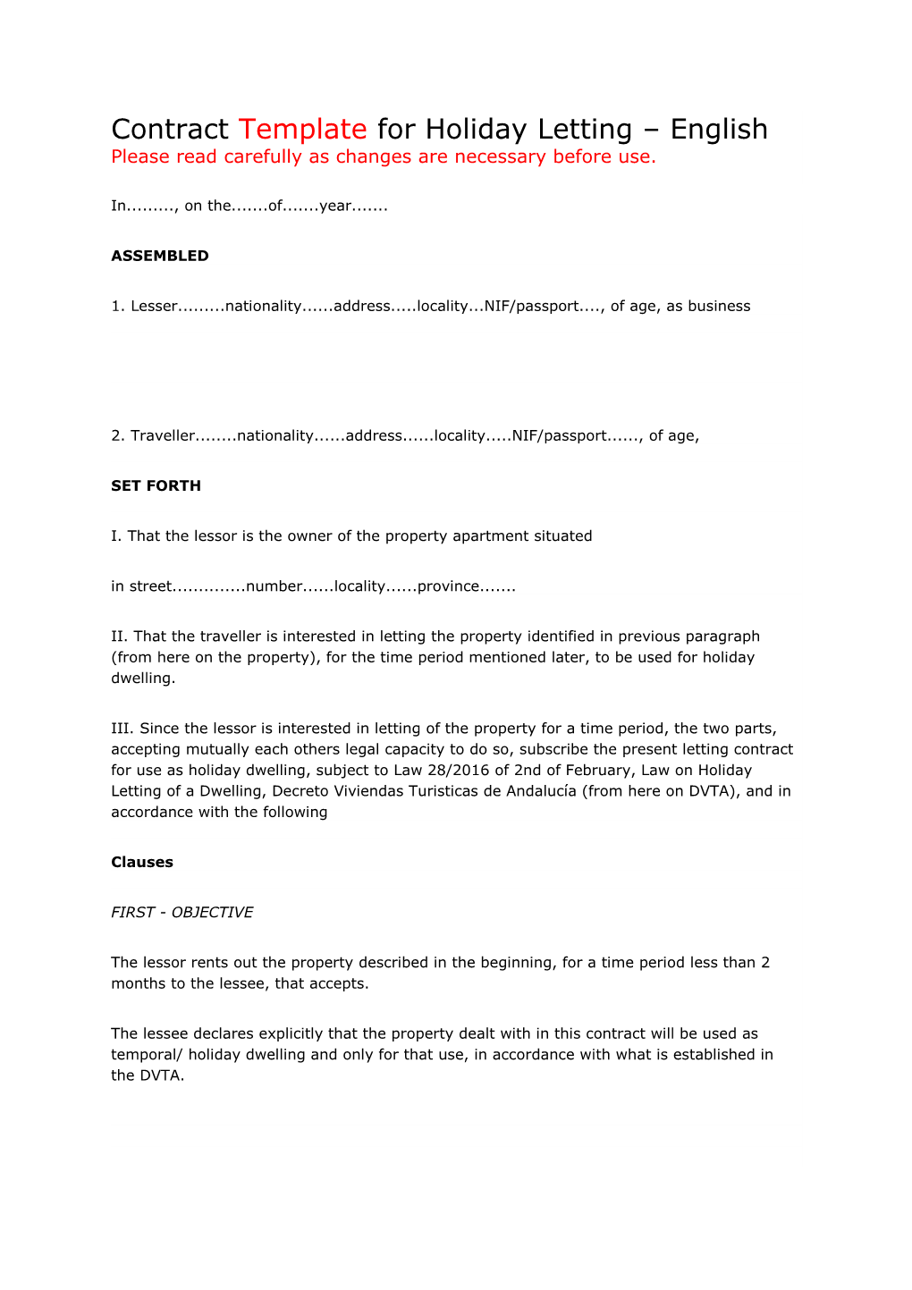 Contracttemplate for Holiday Letting English