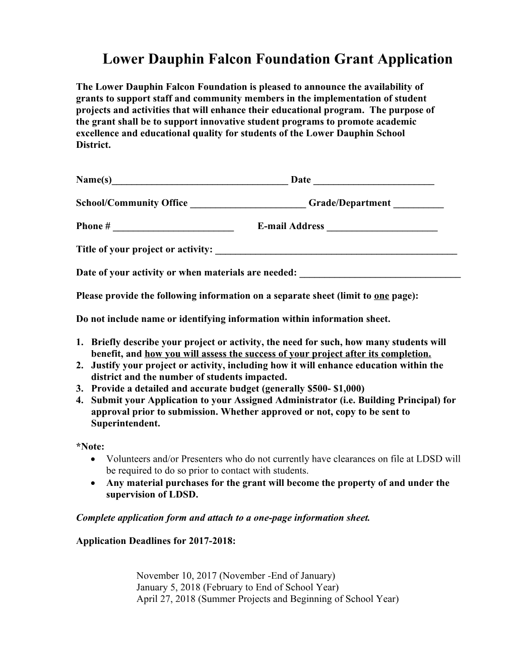 Lower Dauphin Falcon Foundation Grant Application