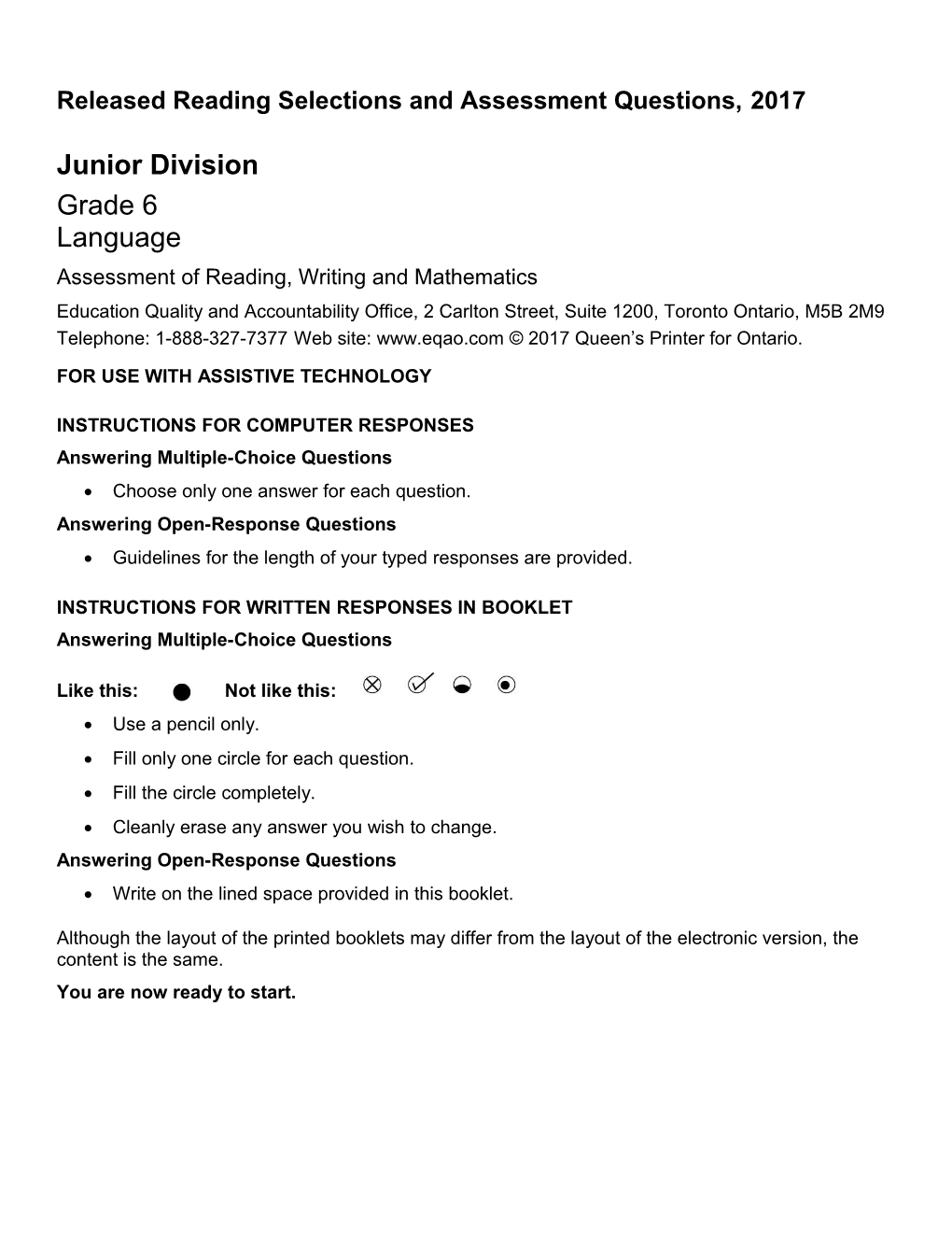 Grade 6, Junior Division, Sample Assessment Booklet: Word Optimized for Premier, 2017