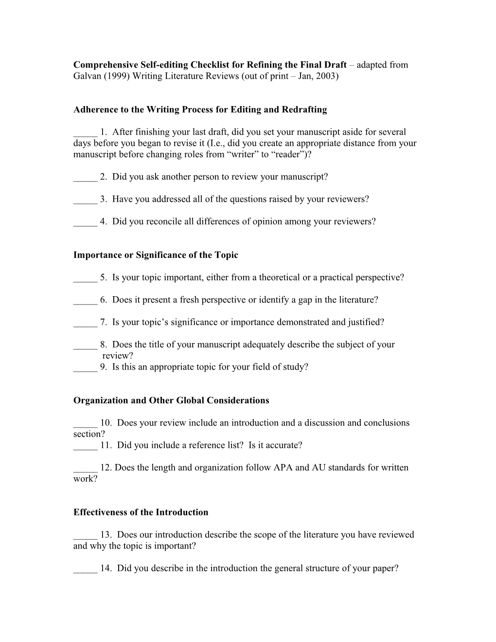 Comprehensive Self-Editing Checklist for Refining the Final Draft Adapted from Galvan (1999)