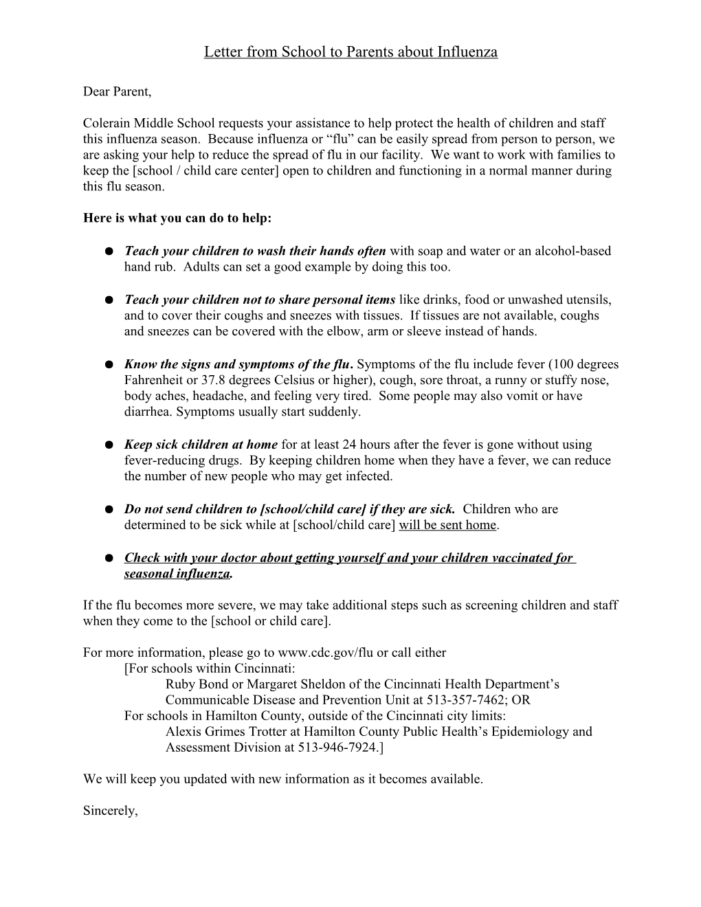 Letter from School to Parents About Influenza