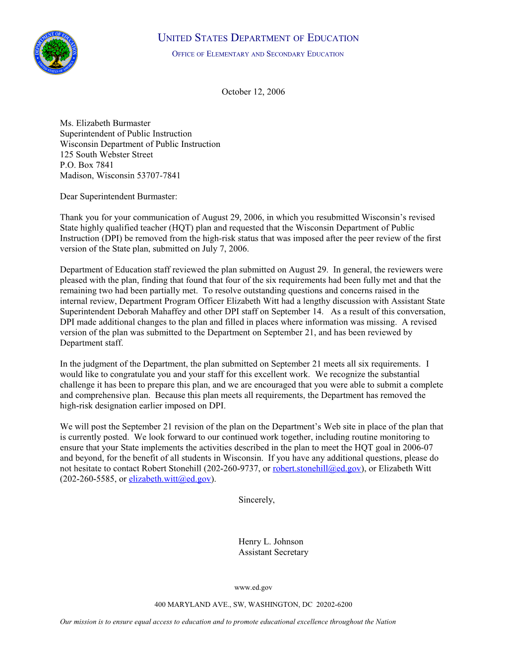 Letter to Wisconsin Superintendent of Education Regarding Highly Qualified Teacher Plan