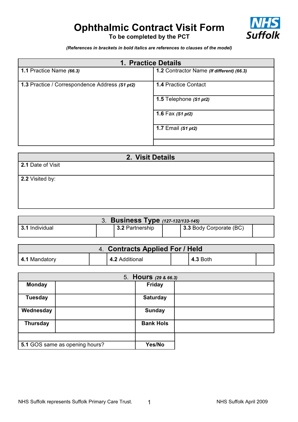Ophthalmic Contract Visit Form