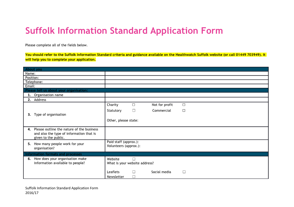 Suffolk Information Standard Application Form