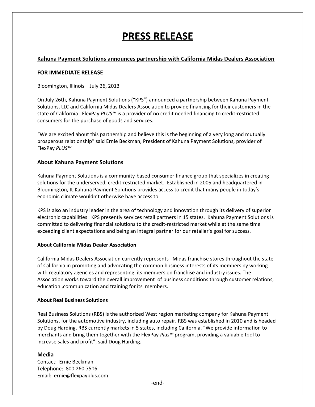 Kahuna Payment Solutions Announces Partnership with California Midas Dealers Association