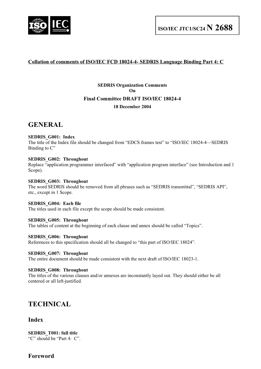 Collation of Comments of ISO/IEC FCD 18024-4- SEDRIS Language Binding Part 4: C