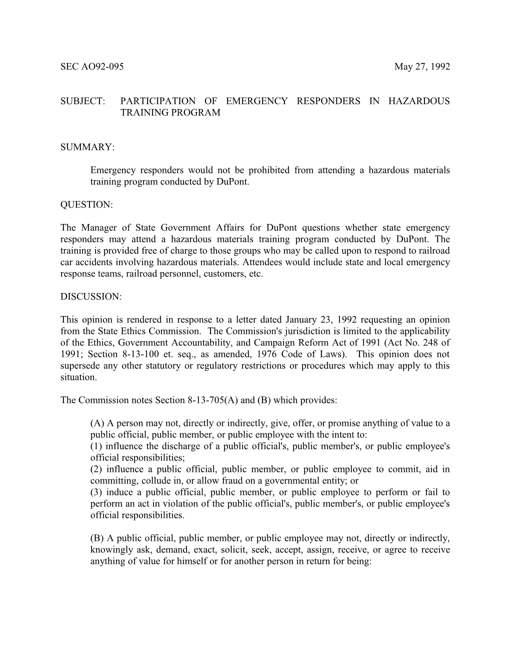 Subject:Participation of Emergency Responders in Hazardous Training Program