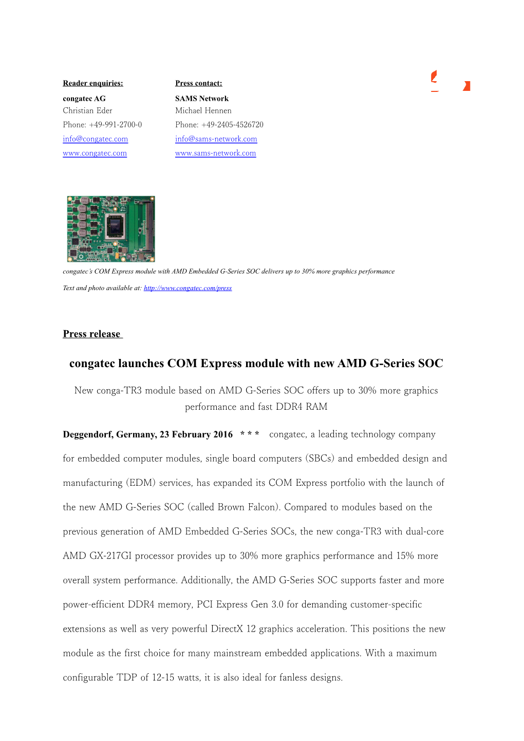 Congateclaunches COM Express Module with New AMD G-Series SOC