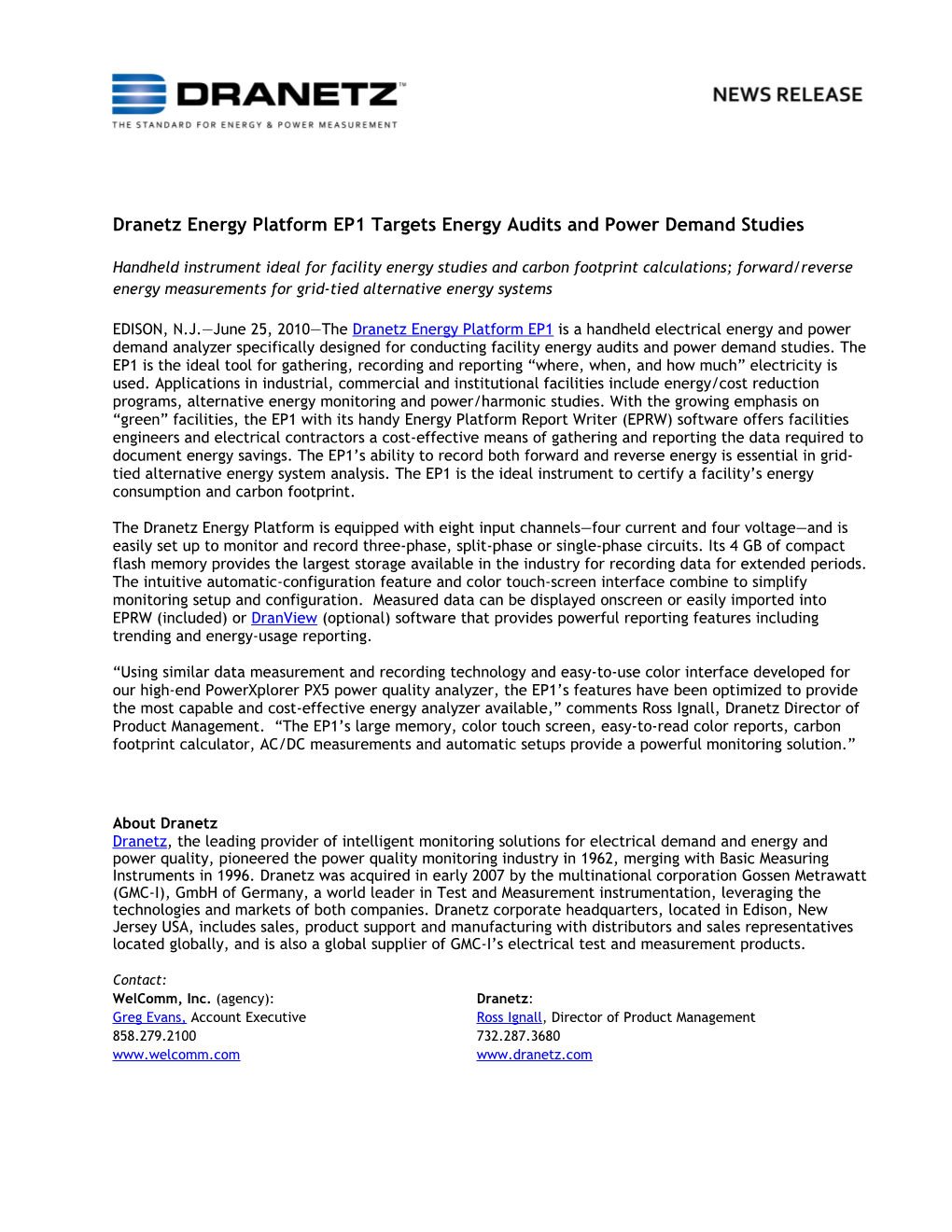 Dranetz Energy Platform EP1 Targets Energy Audits and Power Demand Studies
