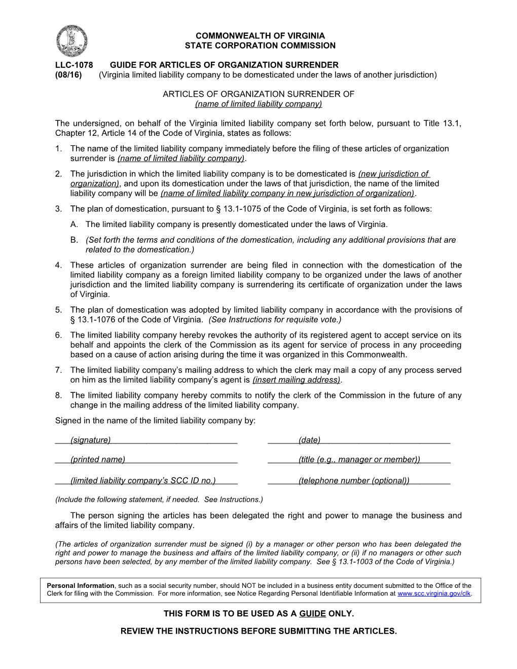 Llc-1078Guide for Articles of Organization Surrender