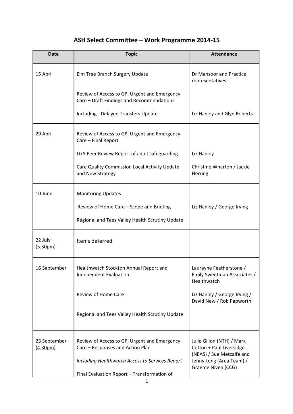 ASH Select Committee Work Programme 2014-15