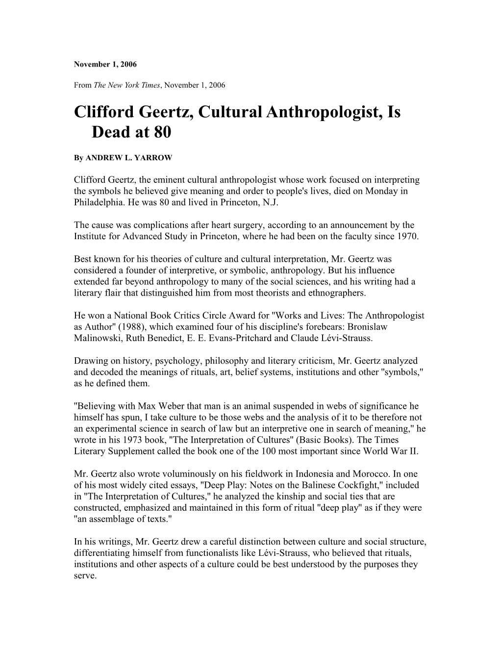 Clifford Geertz, Cultural Anthropologist, Is Dead at 80