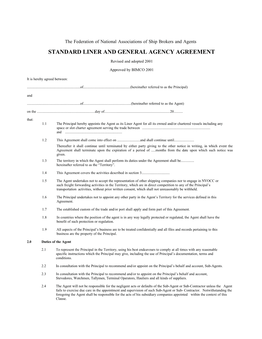 Standard Liner and General Agency Agreement