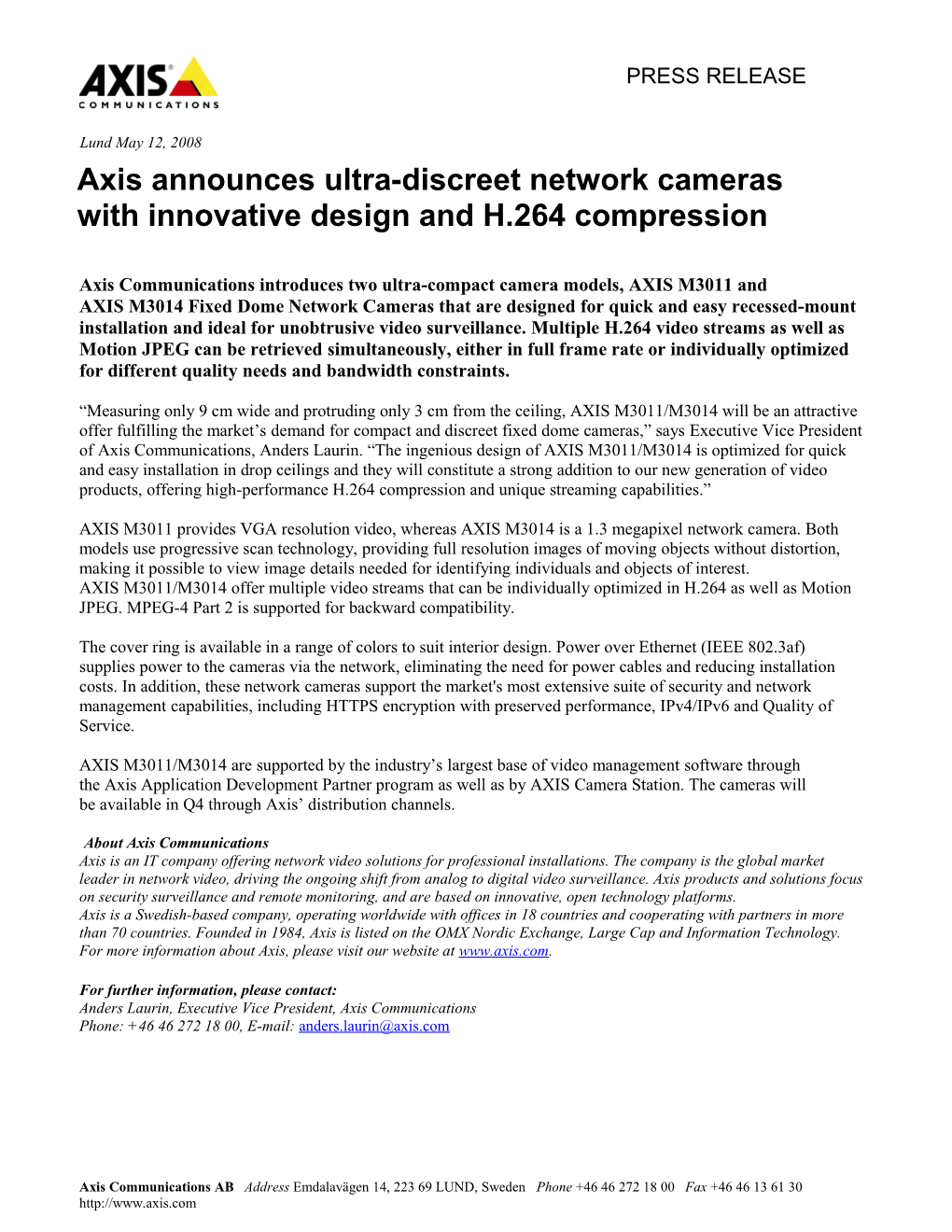 Axis Communications Introduces Two Ultra-Compact Camera Models, AXIS M3011 And