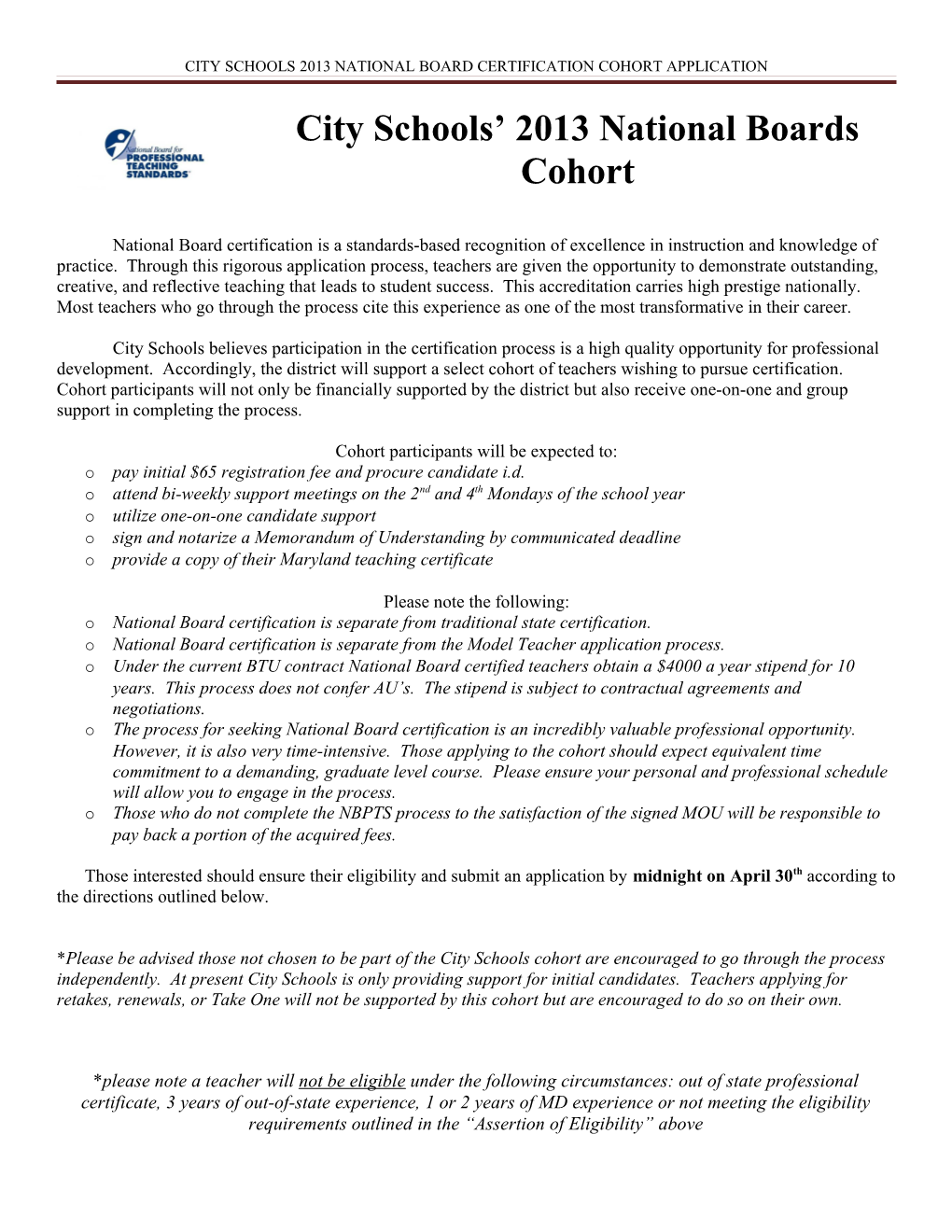City Schools 2013 National Board Certification Cohort Application