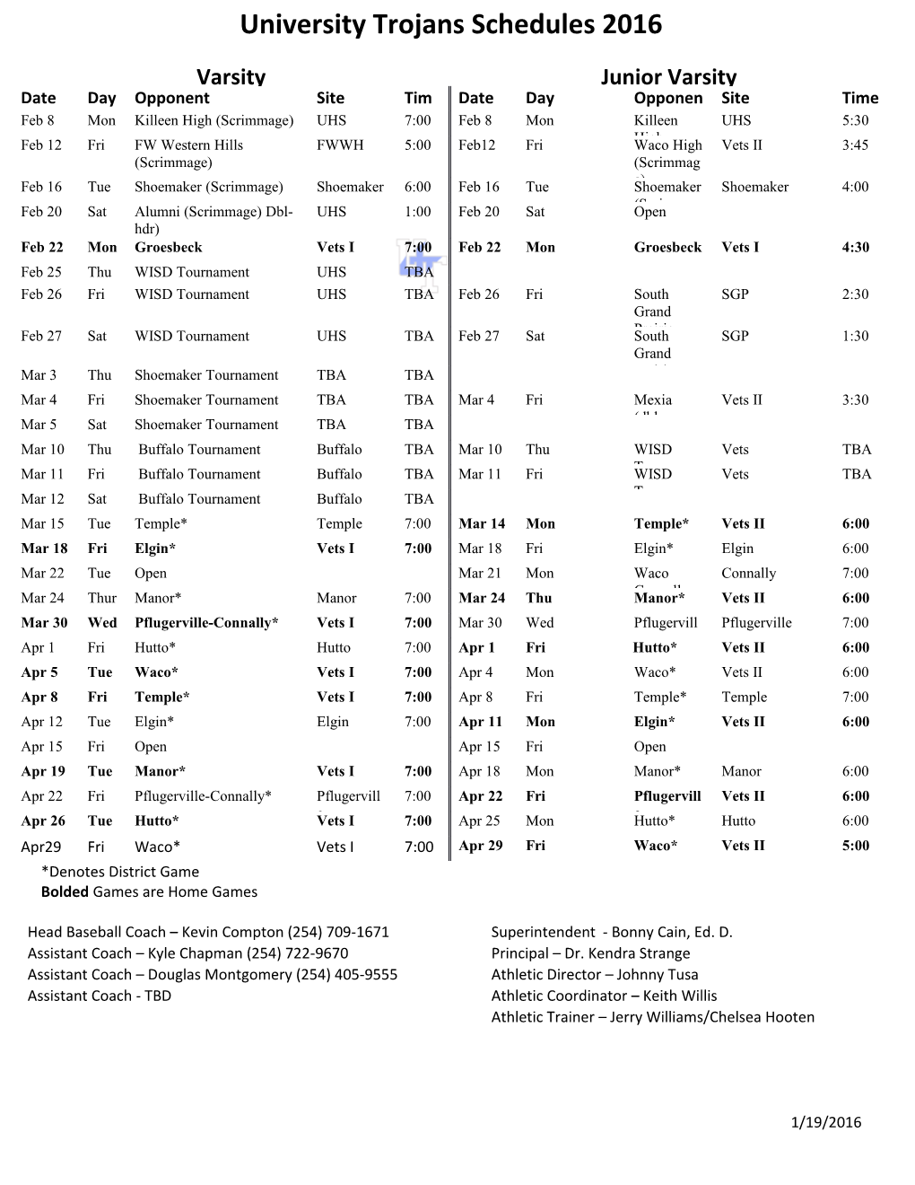 University Trojans JV Schedule 2016