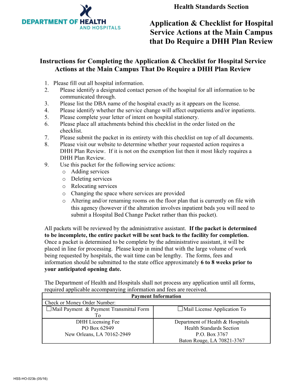 Instructions for Completing the Application & Checklist for Hospital Service Actions At