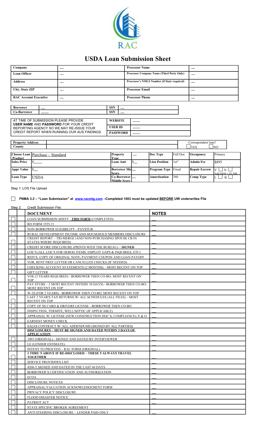 USDA Loan Submission Sheet