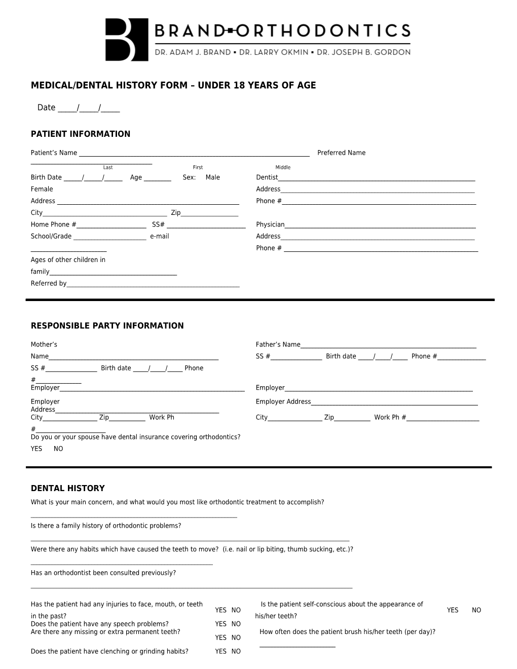 Medical/Dental History Form Under 18 Years of Age