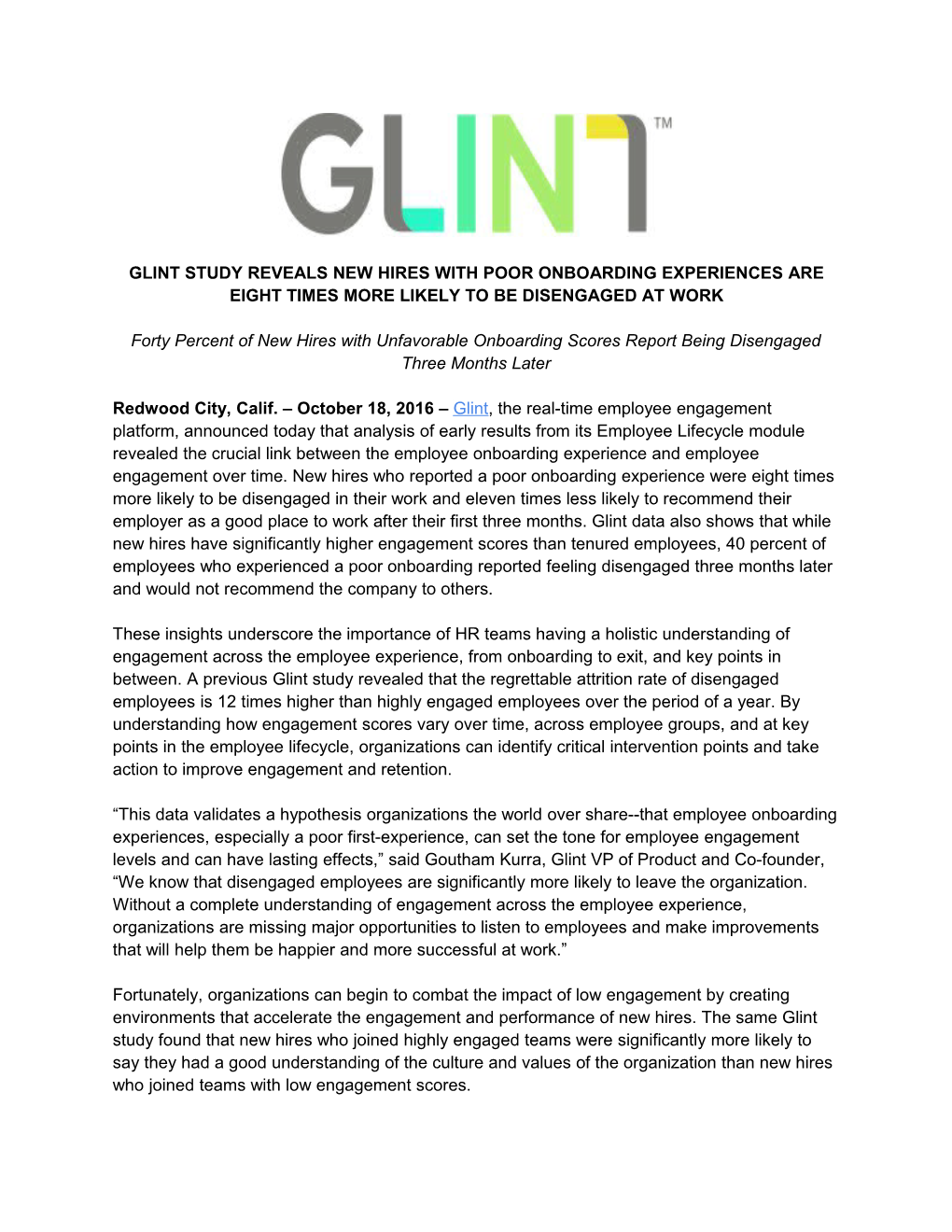 Glint Study Reveals New Hires with Poor Onboarding Experiences Are Eight Times More Likely