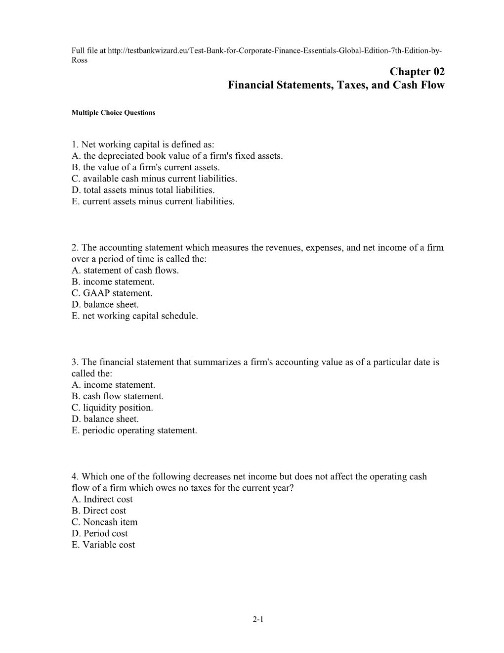 Chapter 02 Financial Statements, Taxes, and Cash Flow