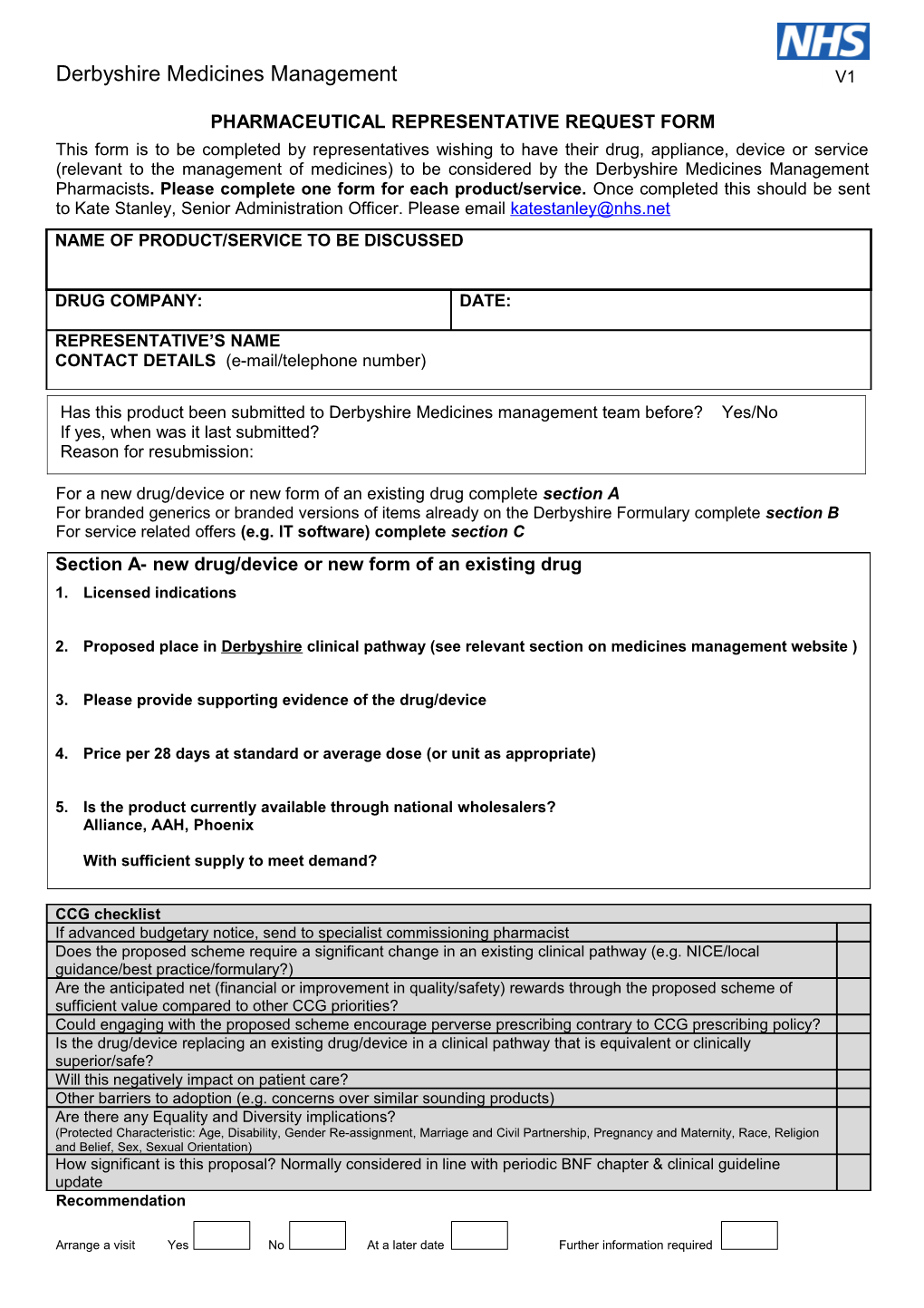 Pharmaceutical Representative Visit Request Form