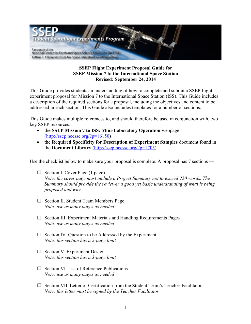 SSEP Flight Experiment Proposal Guide For