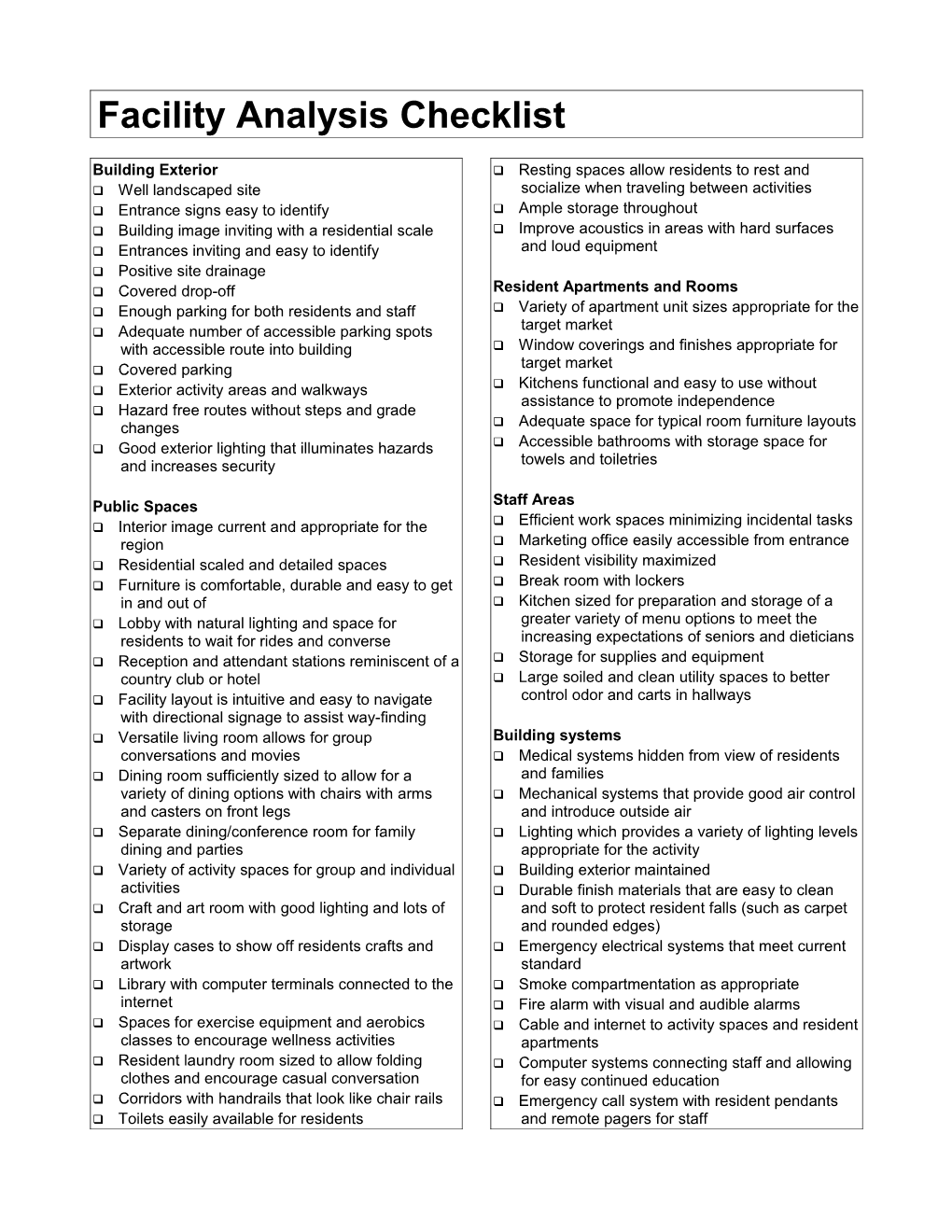 Facility Analysis Checklist