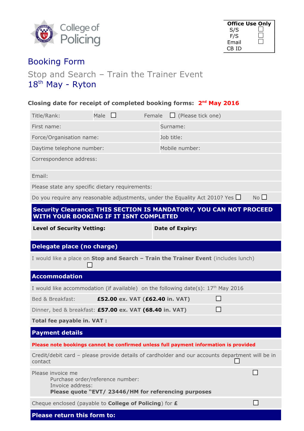 Train the Trainer Ryton Booking Form