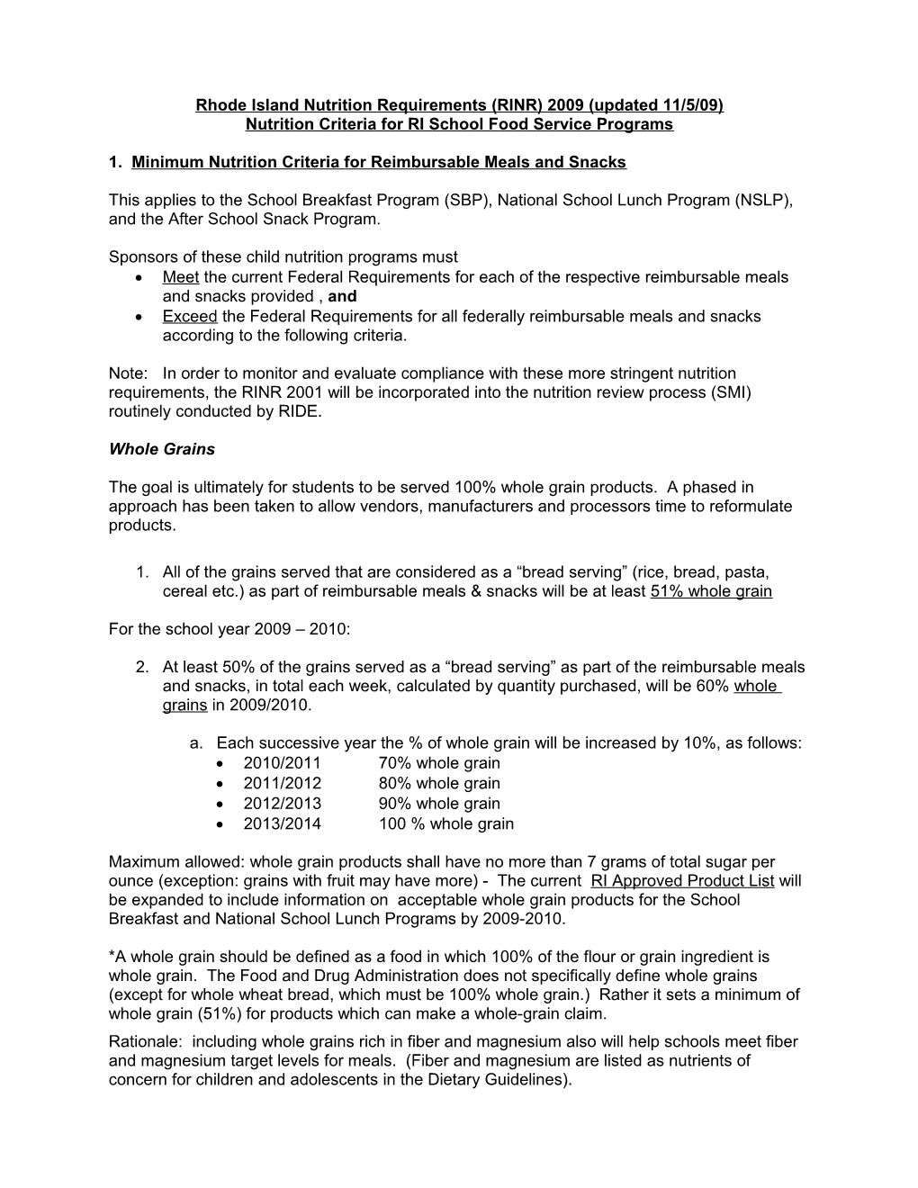 Nutrition Criteria for RI School Food Service Programs