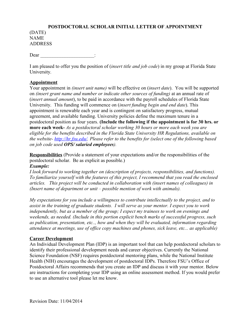 Postdoctoral Scholarinitial Letter of Appointment