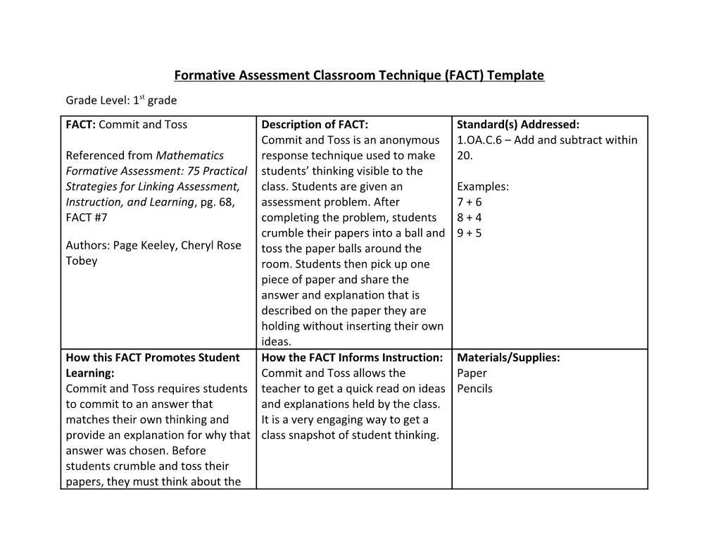 Formative Assessment Classroom Technique (FACT) Template