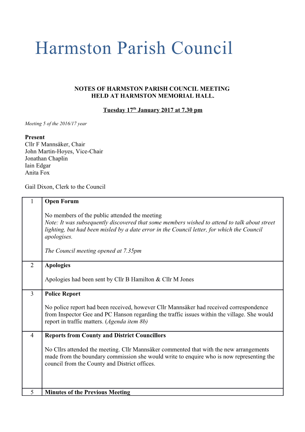 Notes of Harmston Parish Council Meeting