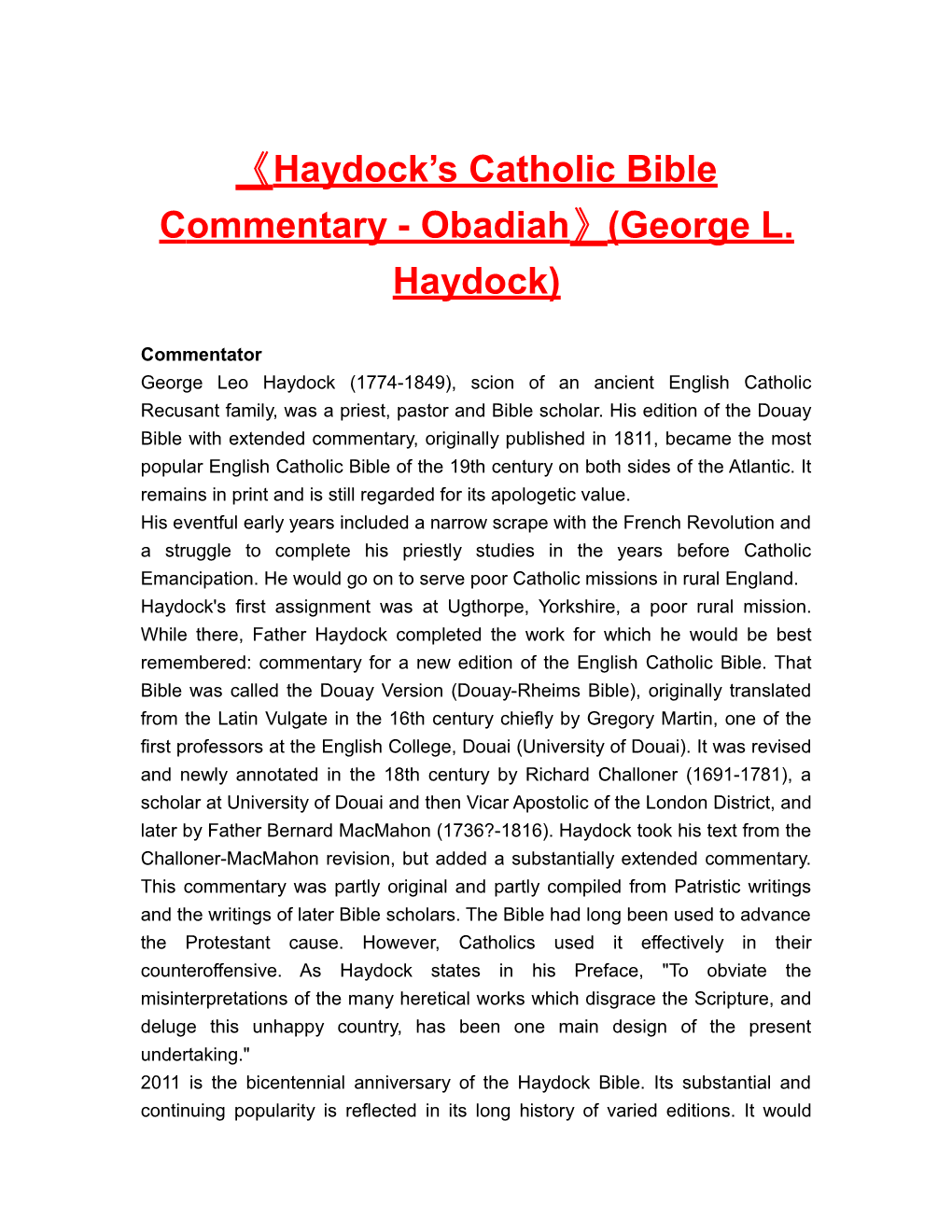 Haydock Scatholic Bible Commentary-Obadiah (George L. Haydock)