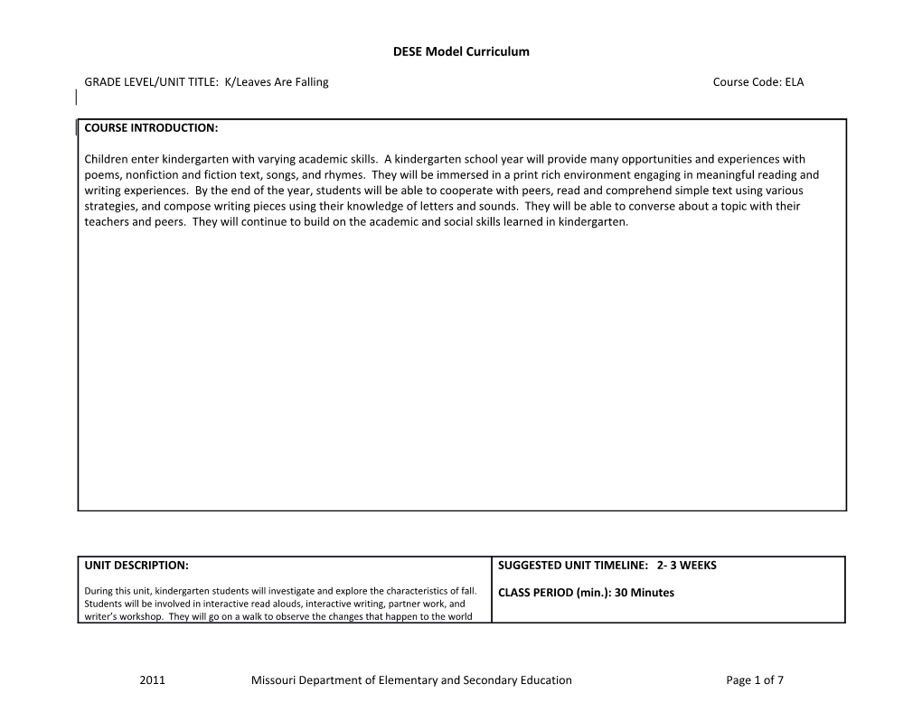 GRADE LEVEL/UNIT TITLE: K/Leaves Are Falling Course Code: ELA