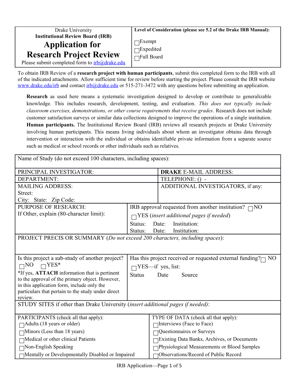 To Obtain IRB Review of a Research Project with Human Participants , Submit This Completed