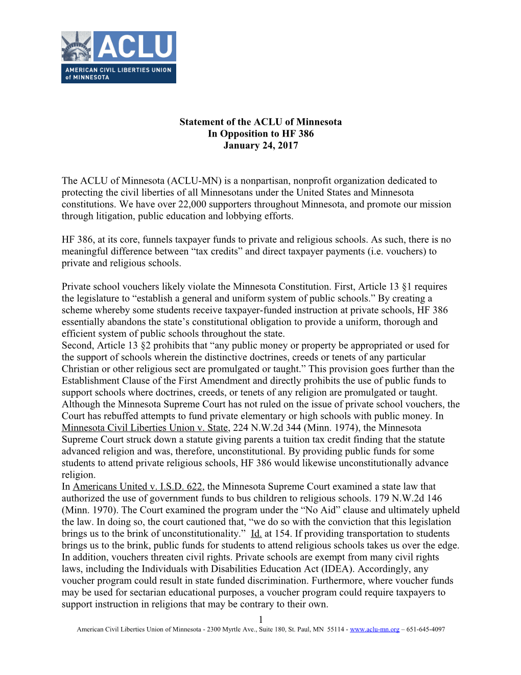 Statement of the ACLU of Minnesota