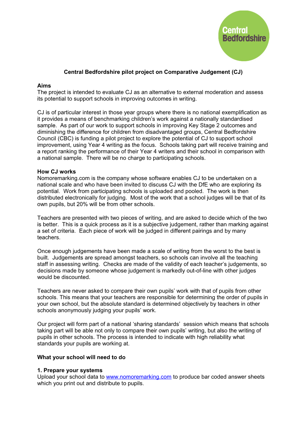Central Bedfordshire Pilot Project on Comparative Judgement (CJ)