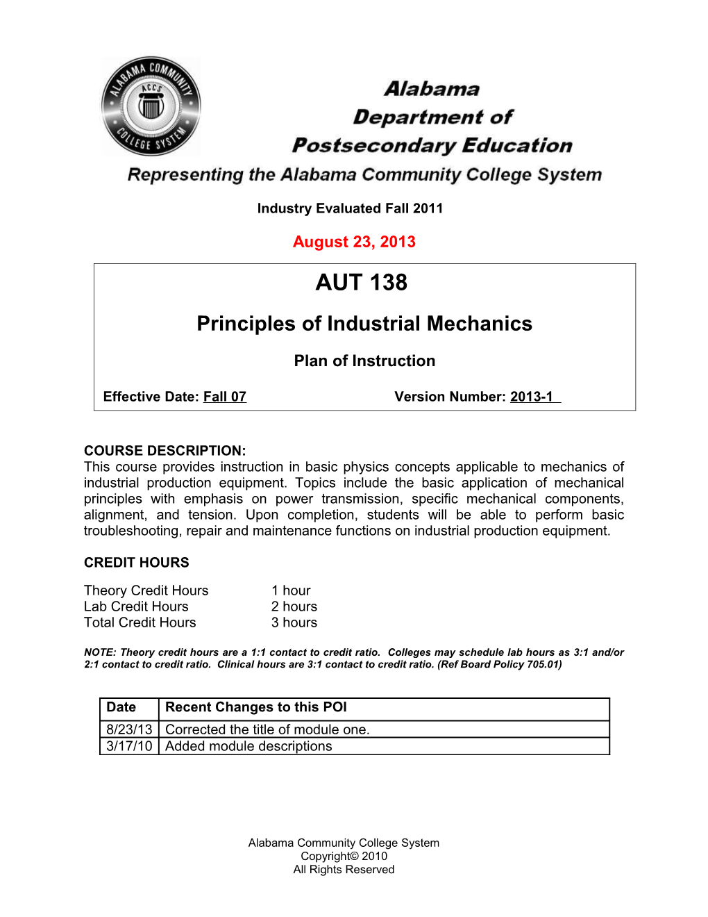 AUT 138 Principles of Industrial Mechanics