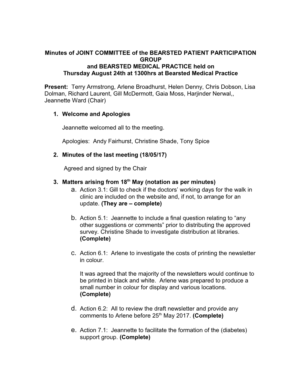 Minutes of JOINT COMMITTEE of the BEARSTED PATIENT PARTICIPATION GROUP