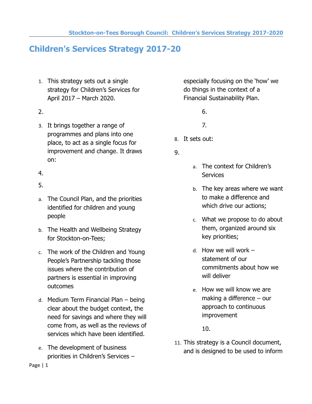 Stockton-On-Tees Borough Council: Children S Services Strategy 2017-2020
