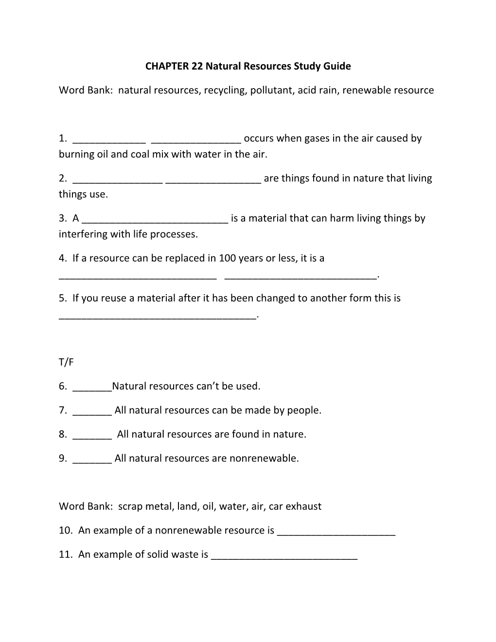 CHAPTER 22 Natural Resources Study Guide