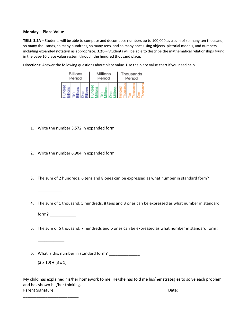 Name: ______ Third Grade Homework SECOND Nine Weeks, Week SIX Due: ______